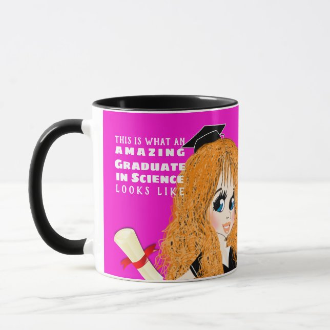 Caricature GRADUATE Gift Red Long Hair Blue Eyes Mug (Left)