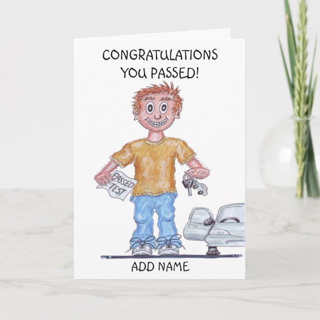 Caricature of a happy man just passed driving test card (Front)