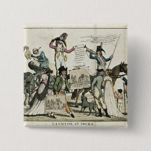 Caricature of quack doctors offering vaccines 15 cm square badge