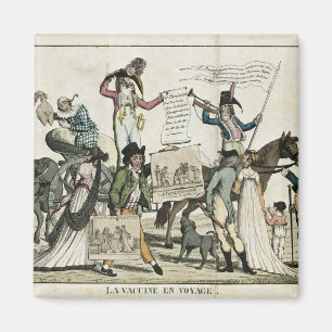 Caricature of quack doctors offering vaccines magnet