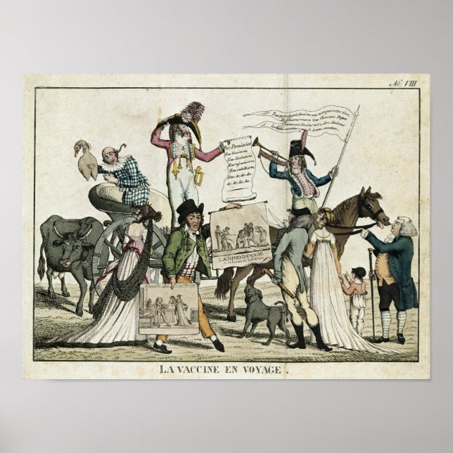 Caricature of quack doctors offering vaccines poster (Front)