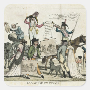 Caricature of quack doctors offering vaccines square sticker