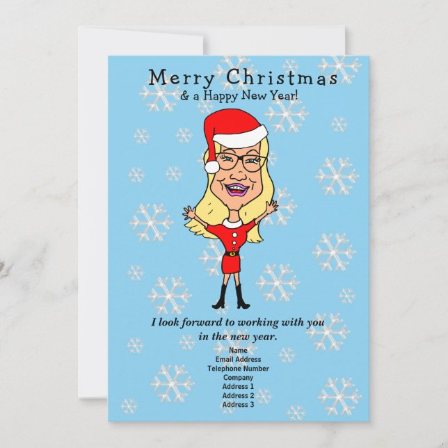 Caricature Santa Girl Business Holiday Card (Front)