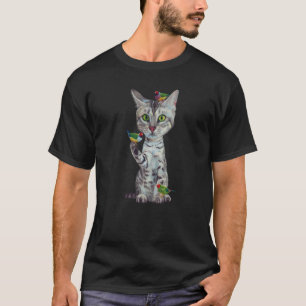 Caricature  Silver Bengal Cat with Birds  Cats     T-Shirt