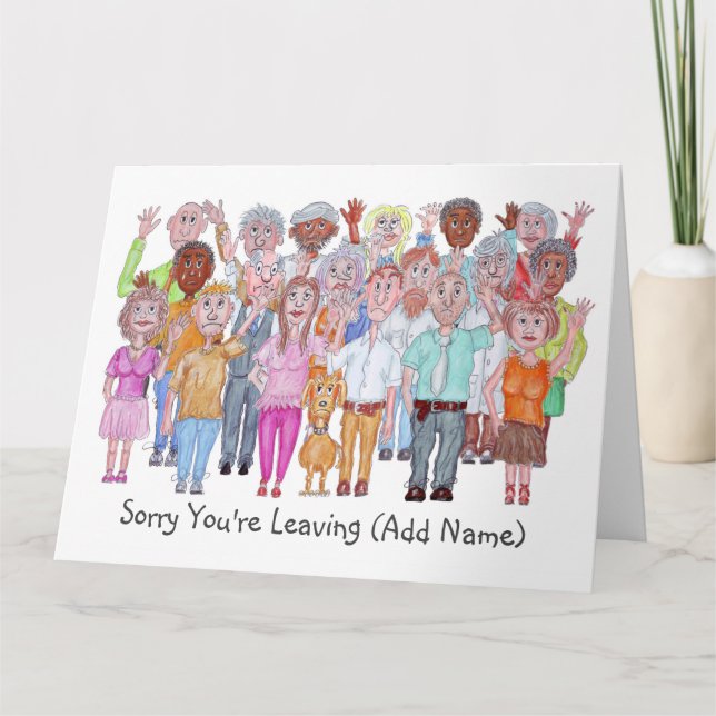 Caricatures of Sad People Waving Goodbye Card (Front)