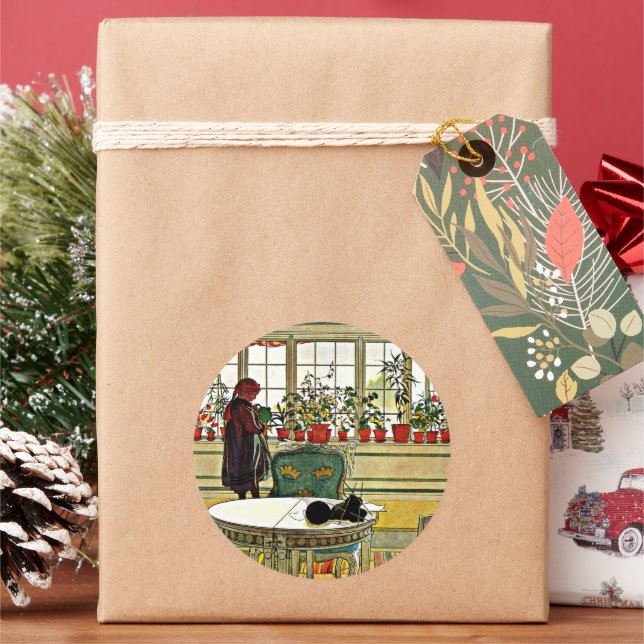 Carl Larsson - Flowers on a Windowsill Classic Round Sticker (Holiday)