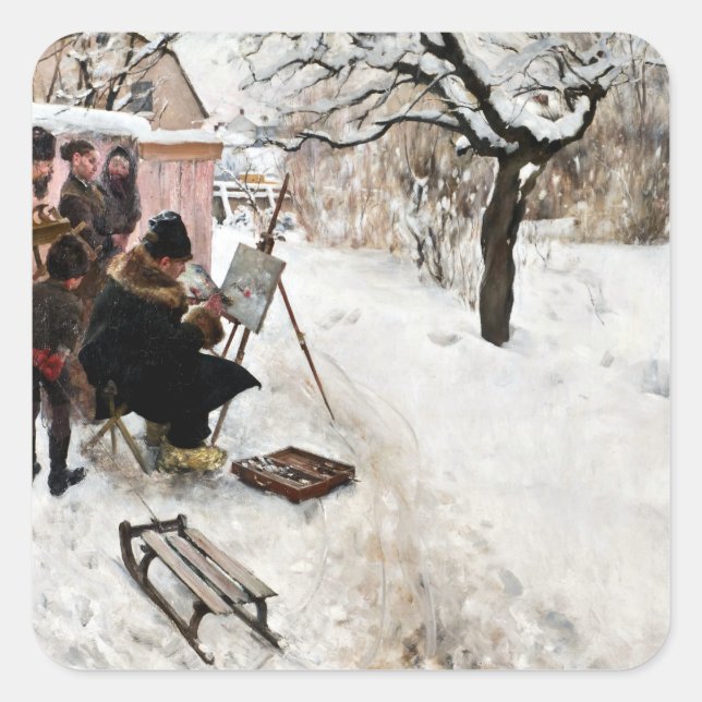 Carl Larsson Open-Air Painter. Winter-Motif Square Sticker (Front)