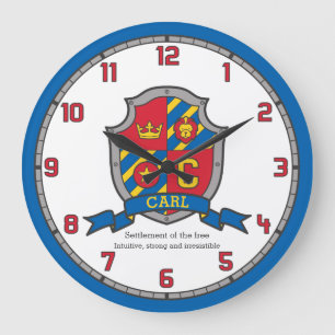 Carl name meaning heraldry shield letter C lion Large Clock