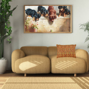 Carl Reichert Curious Dachshund Puppies and a Frog Canvas Print