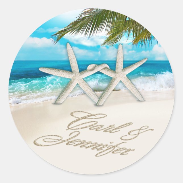 Carl Starfish Couple ASK 4 YOUR NAMES IN SAND Classic Round Sticker (Front)