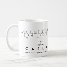 Mug featuring the name Carla spelled out in the single letter amino acid code