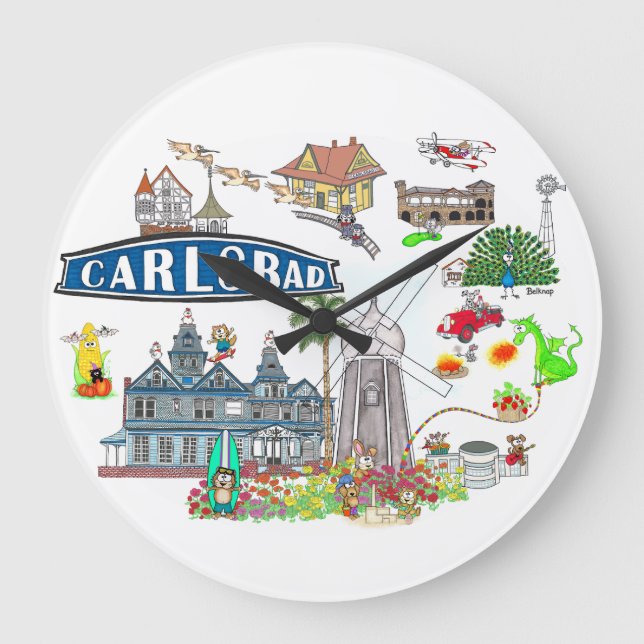 Carlsbad Beach City Fun Large Clock (Front)