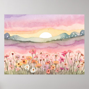 Carlsbad Flower field sunset Painting watercolor Poster