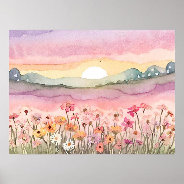 Carlsbad Flower field sunset Painting watercolor Poster (Front)