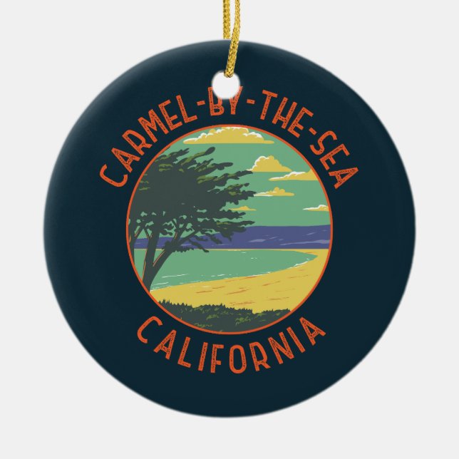 Carmel-by-the-Sea California Retro Distressed Ceramic Tree Decoration (Front)