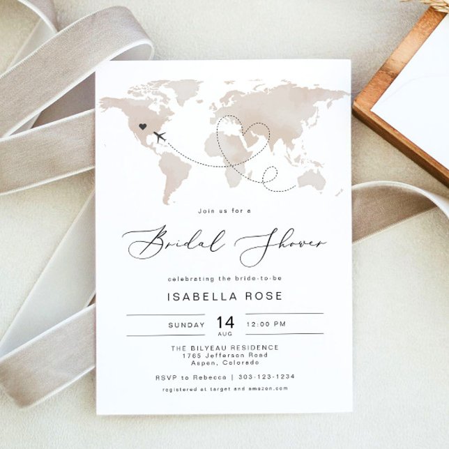 CARMEN Beige Map Travel Adventure Bridal Shower Invitation (Creator Uploaded)