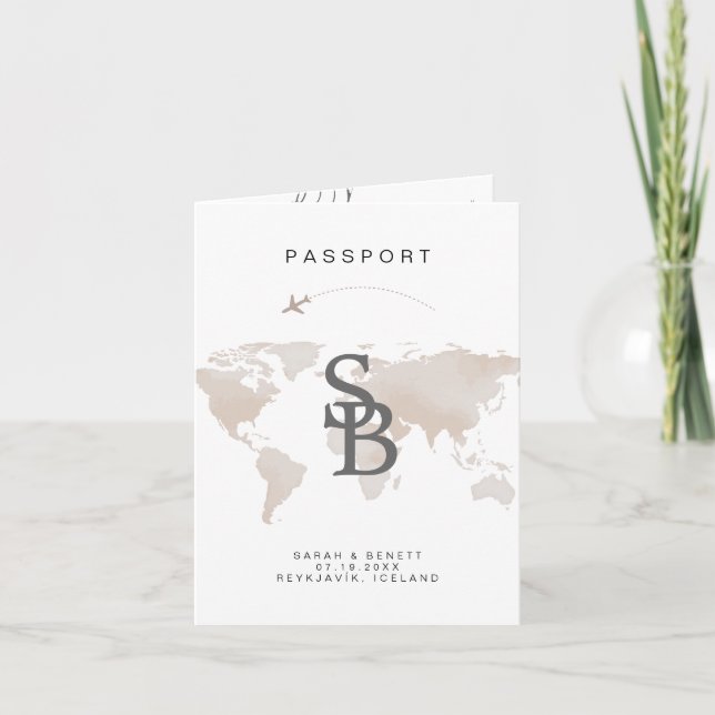 CARMEN Beige World Map Passport Wedding Invitation (Front)