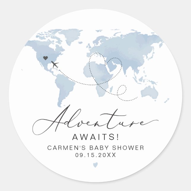 CARMEN Blue Map Adventure Baby Shower Classic Round Sticker (Front)