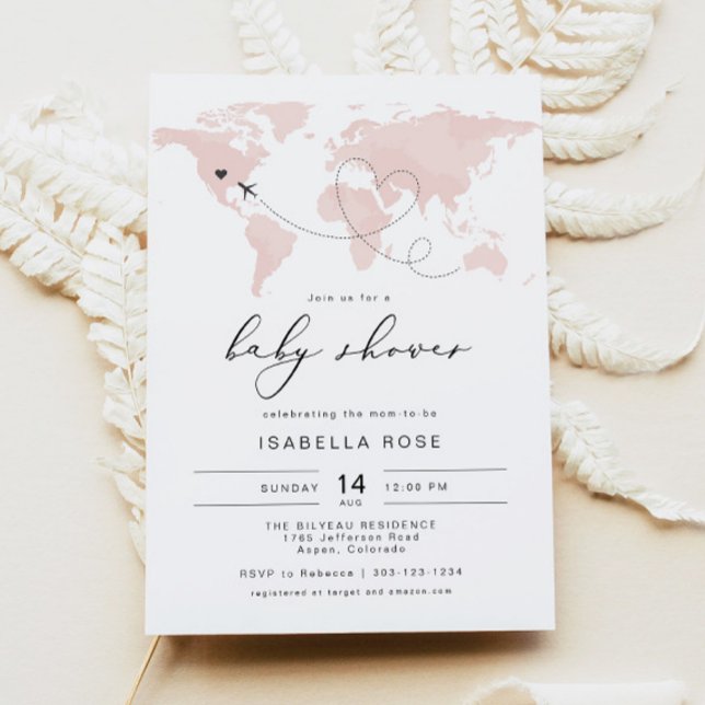 CARMEN Blush Pink Map Travel Adventure Baby Shower Invitation (Creator Uploaded)