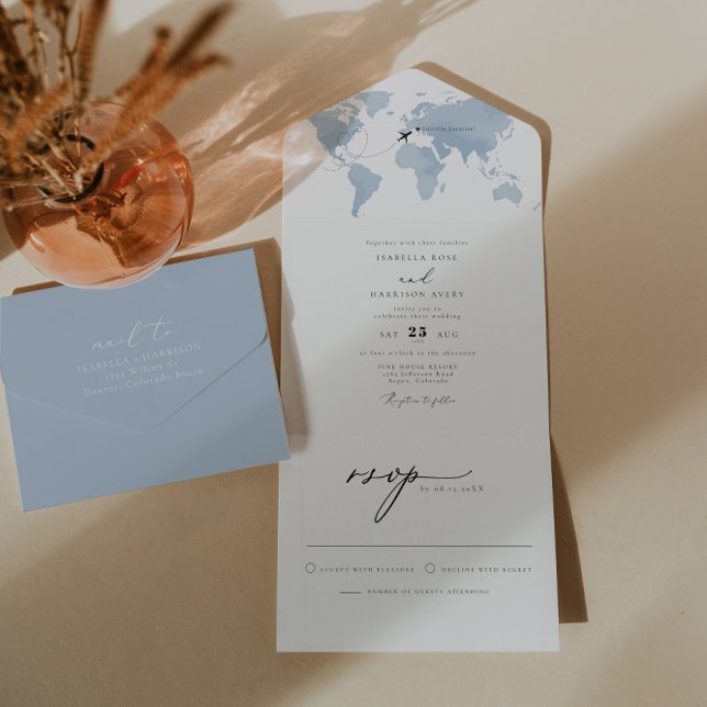 CARMEN Dusty Blue Map Travel Destination Wedding All In One Invitation (Creator Uploaded)