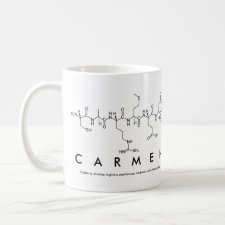 Mug featuring the name Carmen spelled out in the single letter amino acid code