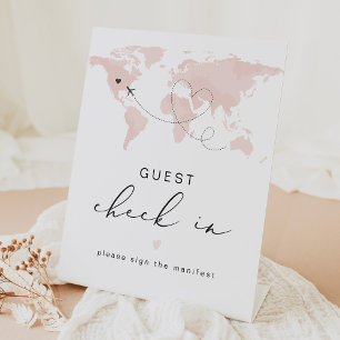 CARMEN Pink Travel Themed Guest Check In Pedestal Pedestal Sign