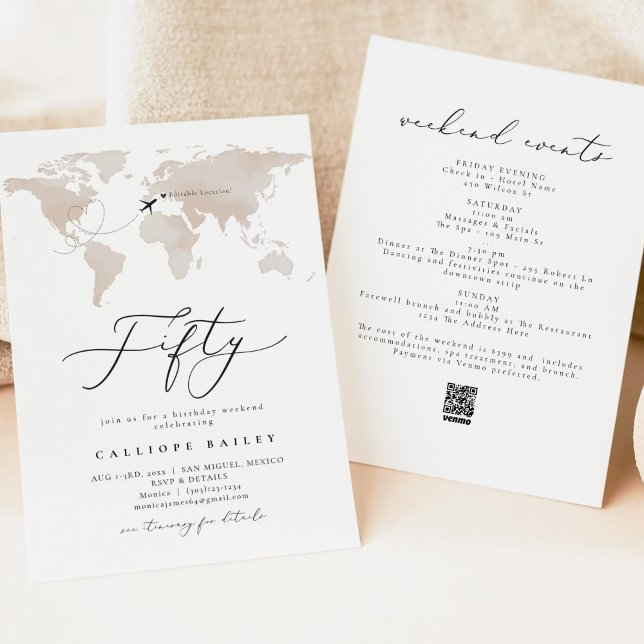 CARMEN Watercolor Map Destination 50th Birthday Invitation (Creator Uploaded)