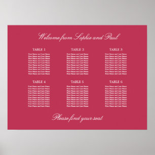 Carmine Magenta 6 Table Seating Chart Poster