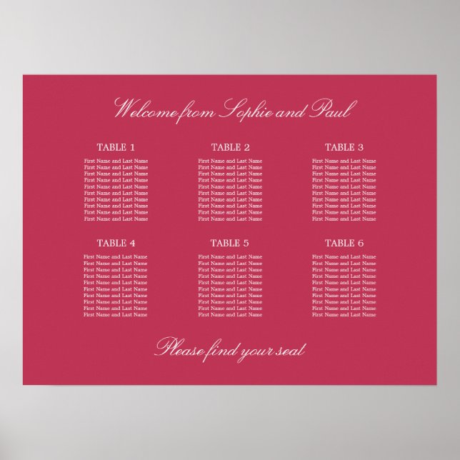 Carmine Magenta 6 Table Seating Chart Poster (Front)