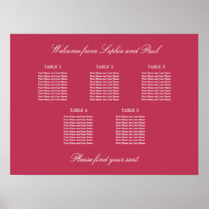 Carmine Magenta Red 5 Table Seating Chart Poster