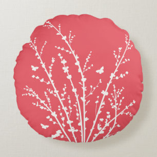 Carmine Pink Butterflies Botanical Branches Modern Round Cushion
