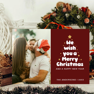 Carmine Red Merry Christmas Tree Family Kiss Holiday Card