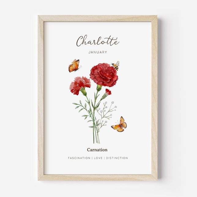 Carnation Birth Month Flower Poster (Example of carnation birth flower poster once framed. )