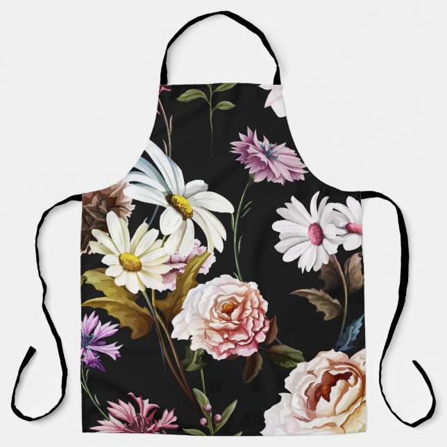 Carnation, chamomile flowers, black pattern. apron (Front)