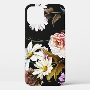 Carnation, chamomile flowers, black pattern. iPhone 12 case