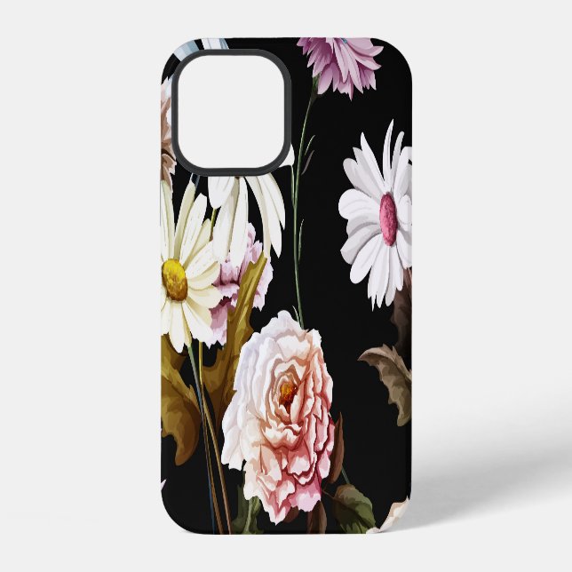 Carnation, chamomile flowers, black pattern. iPhone case (Back)