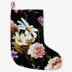 Carnation, chamomile flowers, black pattern. small christmas stocking