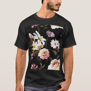 Carnation, chamomile flowers, black pattern. T-Shirt