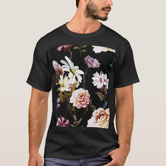 Carnation, chamomile flowers, black pattern. T-Shirt (Front)