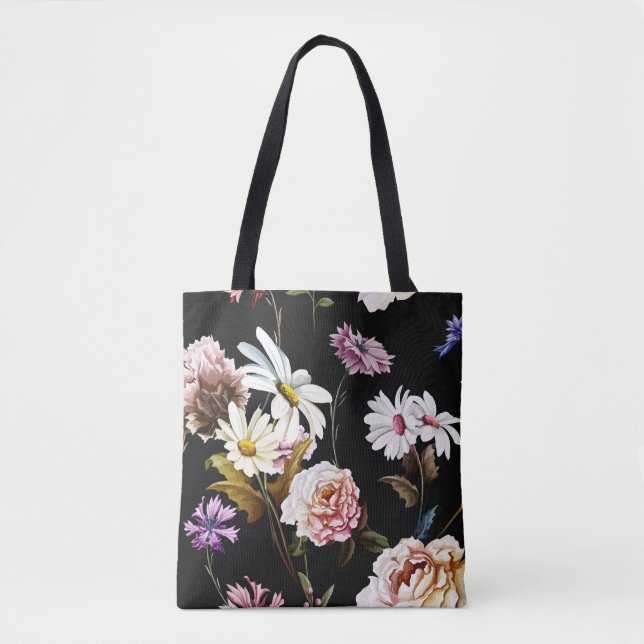 Carnation, chamomile flowers, black pattern. tote bag (Front)