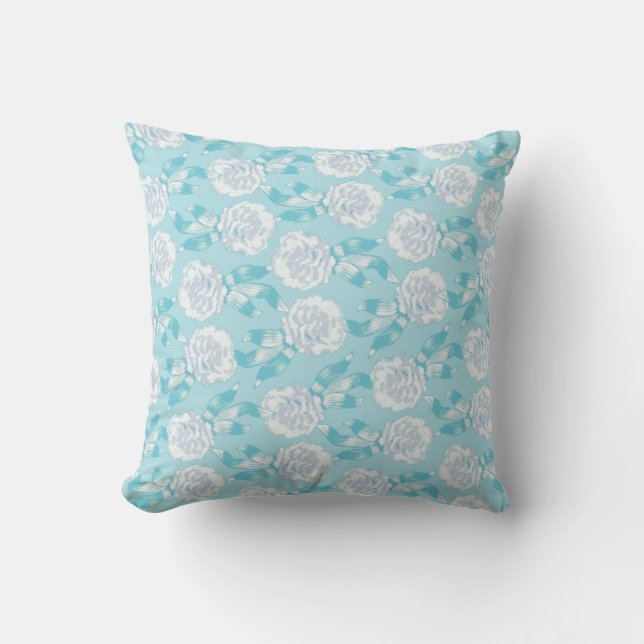 Carnation floral damask aqua blue throw pillow (Front)