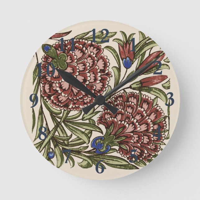 Carnation Flower Tile Antique Rustic Art Round Clock (Front)