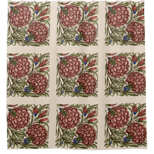 Carnation Flower Tile Antique Rustic Art Shower Curtain (Front)