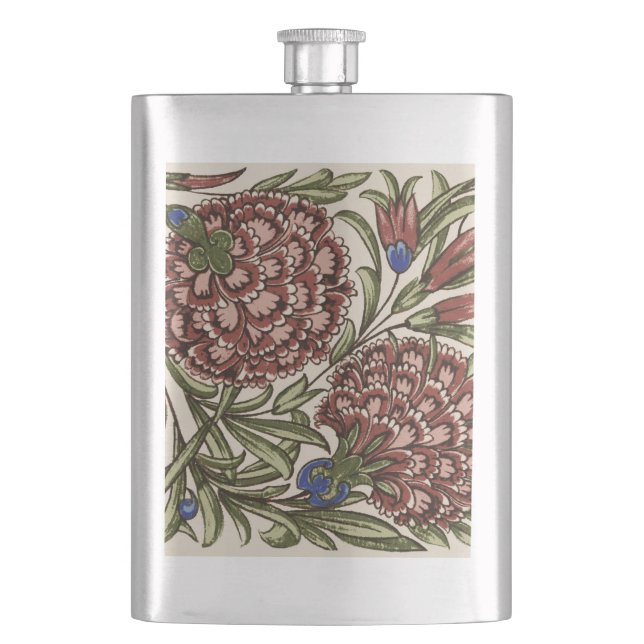 Carnation Flower Tile Antique Rustic De Morgan Art Hip Flask (Front)