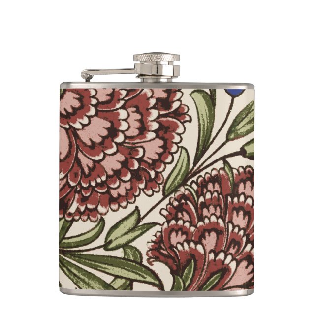Carnation Flower Tile Antique Rustic De Morgan Art Hip Flask (Front)