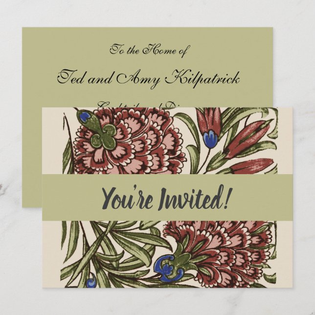 Carnation Flower Tile Antique Rustic De Morgan Art Invitation (Front/Back)