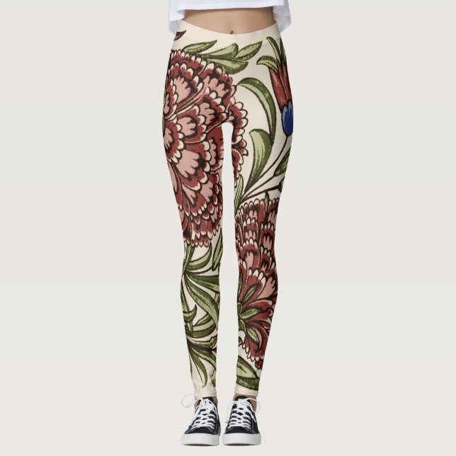 Carnation Flower Tile Antique Rustic De Morgan Art Leggings (Front)