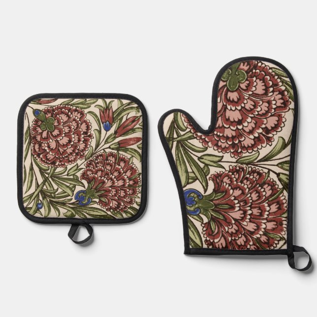 Carnation Flower Tile Antique Rustic De Morgan Art Oven Mitt & Pot Holder Set (Front)