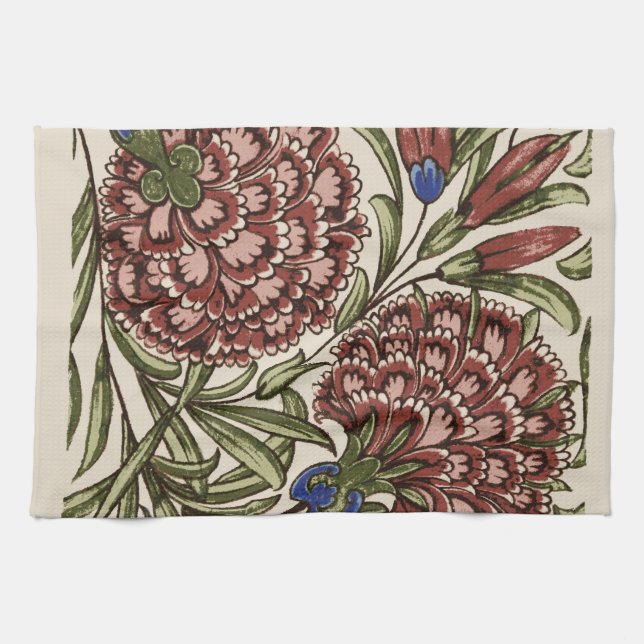 Carnation Flower Tile Antique Rustic De Morgan Art Tea Towel (Horizontal)