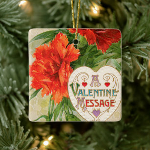 Carnation Flowers, Vintage Valentine's Day Message Ceramic Tree Decoration